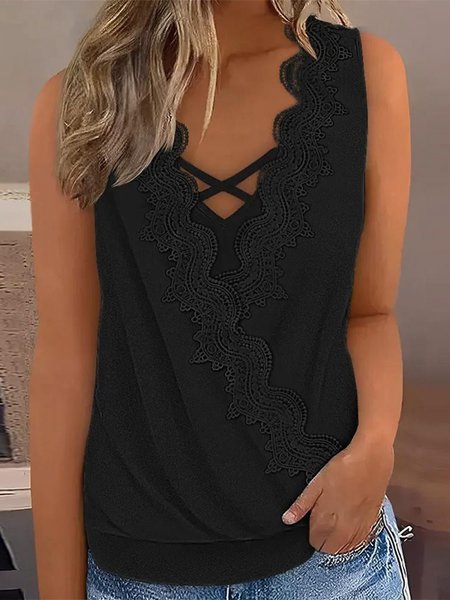

Casual V Neck Plain Ruched Tank Top, Black, Tanks & Camis