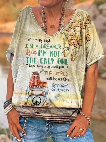 

V Neck Casual Letter Pattern Knitted T-Shirt, Khaki, T-Shirts