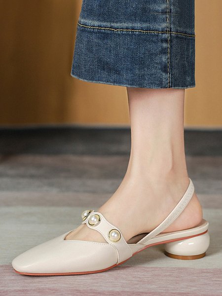 

Urban Fashion Pointed Toe Pearl Back Empty Shoes, Beige, Flats