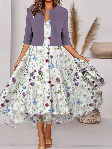

Elegant Loose Floral V Neck Two-Piece Set, Purple, Suit Set