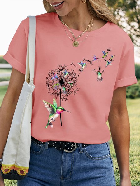 

Women's Bird Hummingbird Dandelion Flowers Casual T-Shirt, Pink, T-shirts