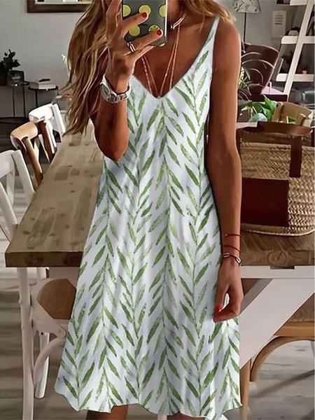 

Casual V Neck Regular Fit Leaf Dress, Green, Casual Dresses