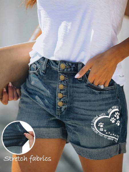 

Women's Dog Lovers The Road To My Heart Is Paved With Paw Prints Stretch Jeans Stretchy Folded Hem Hot Short Jeans, Blue, Jeans