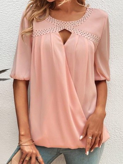 

Simple Hot Drilling Crew Neck Shirt, Pink, Shirts & Blouses