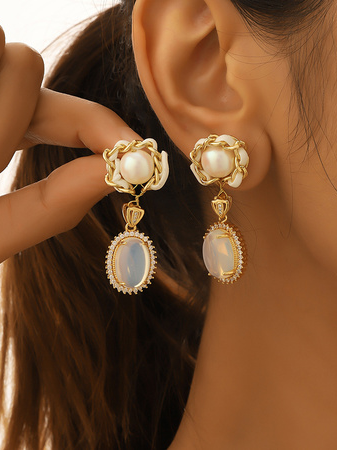 

Elegant Metal Setting Natural Moonstone Opal Pearl Earrings Party Wedding Women Jewelry, White, Earrings