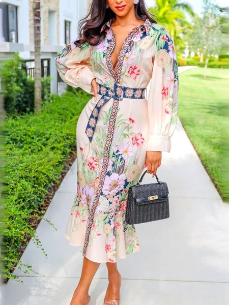 Floral Shirt Collar Elegant Midi Dress With Belt, As picture, Midi Dresses