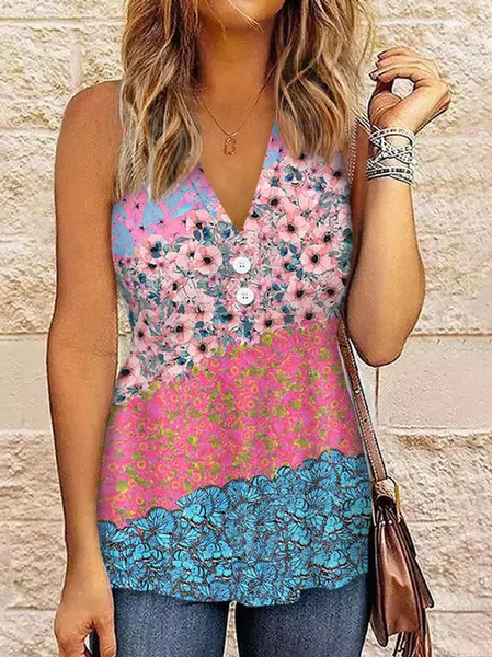 

Floral Loose V Neck Casual Tank Top, Red, Tanks & Camis