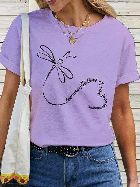 

Women's Cotton Because He Lives Dragonfly Heart Heathered T-Shirt, Purple, T-shirts