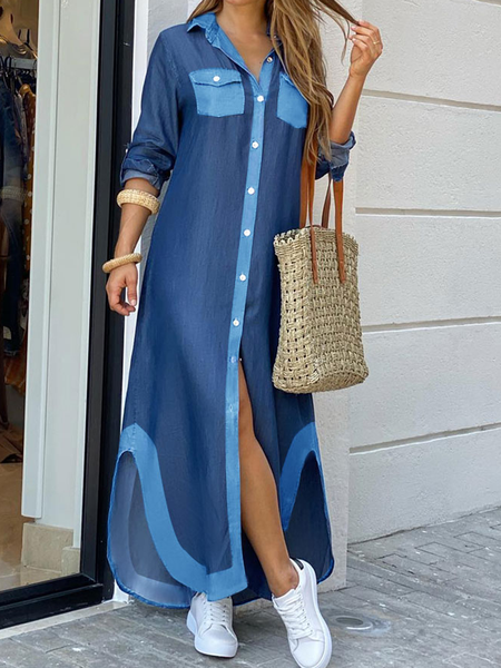 

Urban Loose Color Block Long sleeve Denim Dress Maxi With No Belt, Denim blue, Maxi Dresses