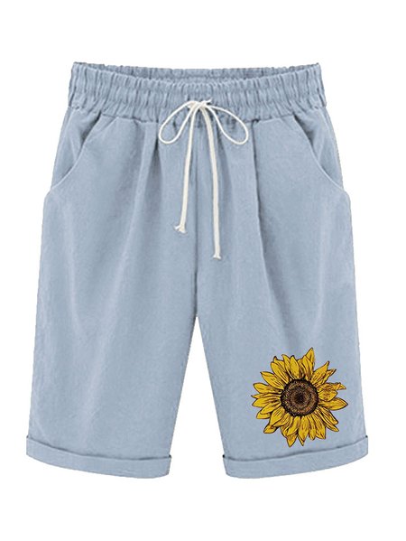 

Women‘s Sunflower Knee Length Bermuda Shorts Plus Size Casual Summer Loose Fit Long Shorts Elastic Waist Shorts with Pockets, Blue, Shorts