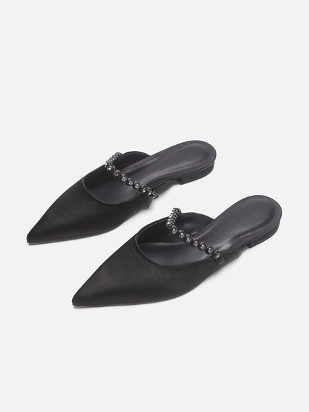 

Rhinestone Satin Silver Pointed Toe Mules, Black, Flats