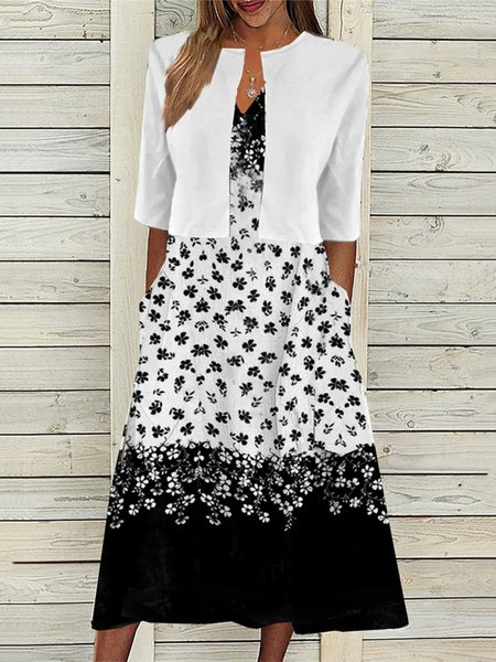 

Casual Wrap Loose Floral Two-Piece Set, Black-white, Suit Set
