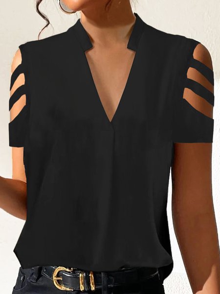 

Hollow Out Loose Casual V Neck Shirt, Black, Shirts & Blouses