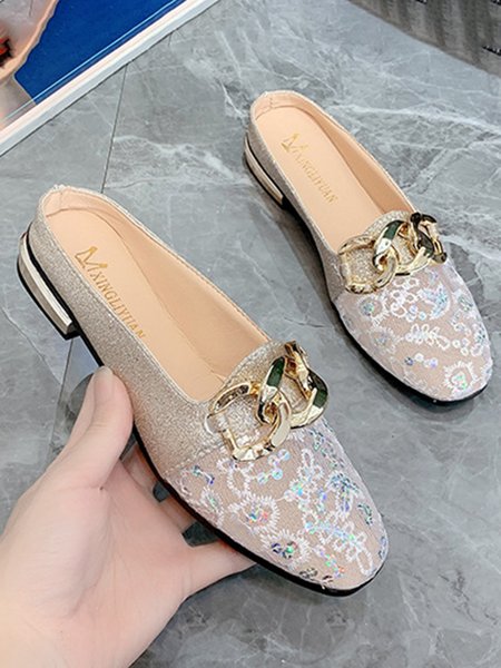 

Fashion Urban Comfortable Metal Chain Lace Mules Shoes, Golden, Flats