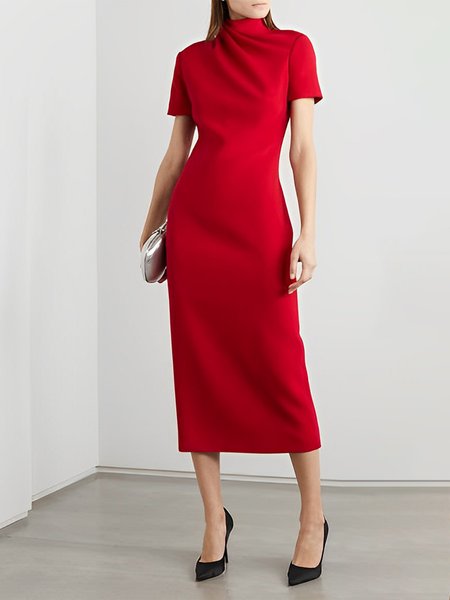 

Elegant Plain Regular Fit Midi Dress With No Belt, Red, Midi Dresses
