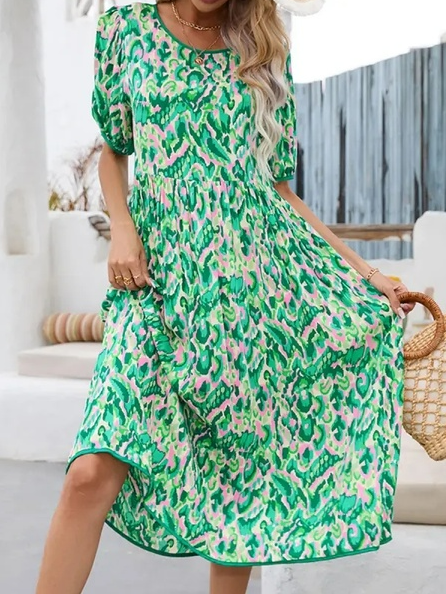 

Loose Casual Crew Neck Dress With No Belt, Green, Casual Dresses