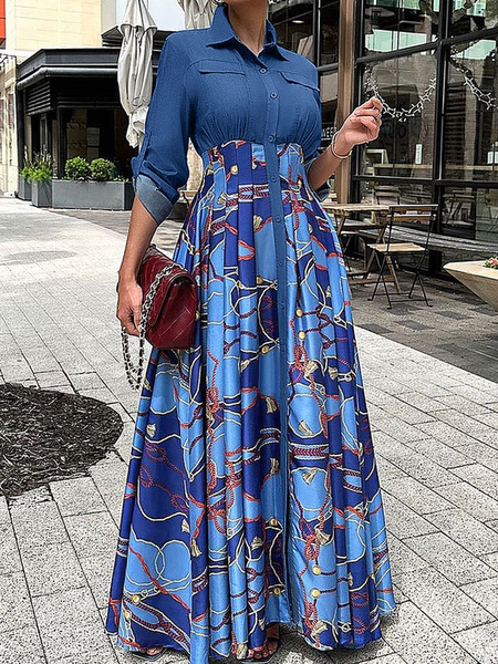 

Elegant Regular Fit Three Quarter Shirt Collar Abstract Maxi Dress, Blue, Maxi Dresses