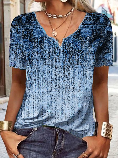 Notched Ethnic Jersey Casual T Shirt