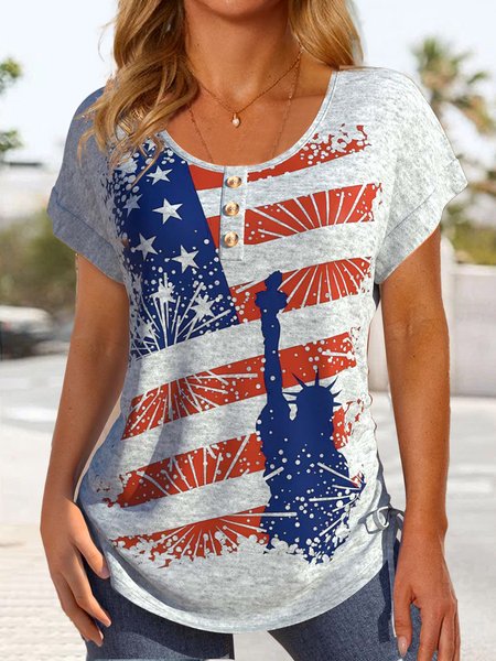 

Crew Neck America Flag Casual T-Shirt, Gray, T-Shirts
