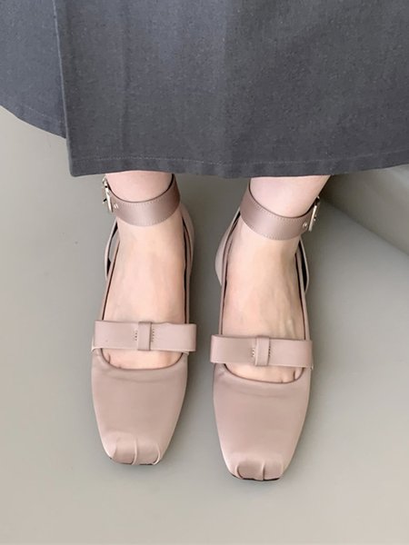 

Satin Elegant Bow Square Toe Ballet Flats, Apricot, Flats