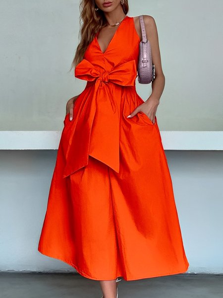 

V Neck Urban Plain Regular Fit Dress With Belt, Orange, Midi Dresses