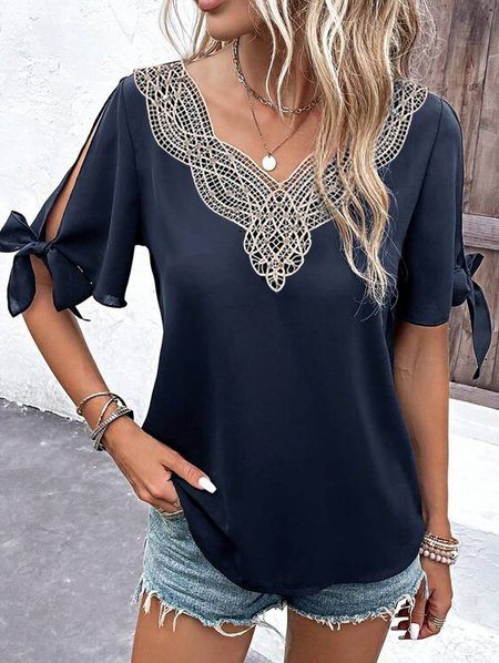 Casual Loose V Neck Short Sleeve Bow Shirt, Dark blue, Shirts & Blouses