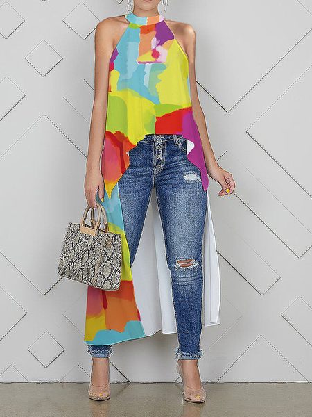 

Loose Lightweight Halter Sleeveless Urban Mid-long Shirt, As picture, Blouses and Shirts