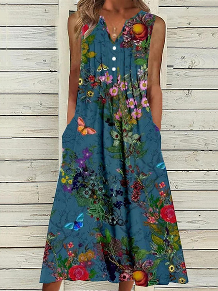 

Plus Size Notched Buckle Loose Vintage Dress, Blue, Dresses
