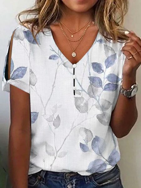 

Plus Size Jersey Half Open Collar Cut-Outs Casual T-Shirt, White, T-Shirts