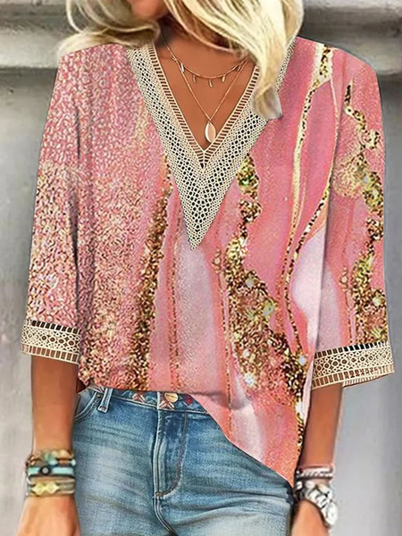 

Plus Size Casual V Neck Lace Edge Shirt, Pink, Shirts & Blouses