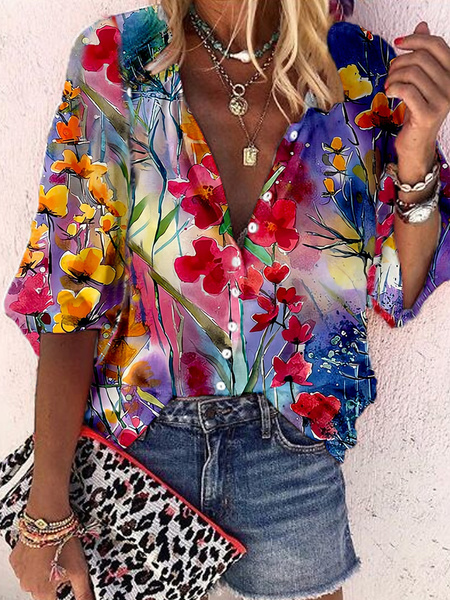 

Plus Size Loose Shirt Collar Floral Casual Blouse, Red-blue, Shirts & Blouses