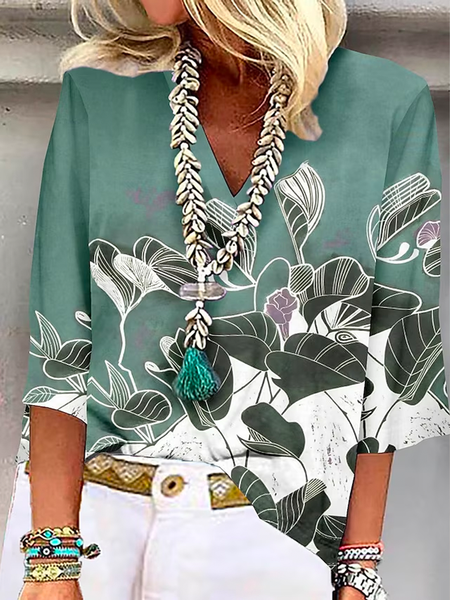 

Plus Size Casual V Neck Loose Floral Shirt, Green, Shirts & Blouses