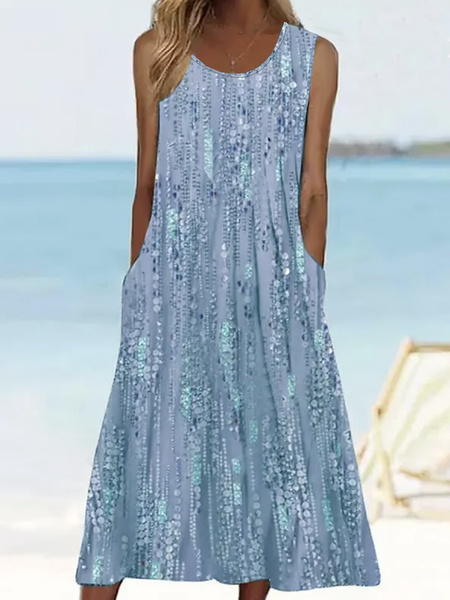 

Plus Size Floral Vacation Loose Dress, Blue, DRESSES