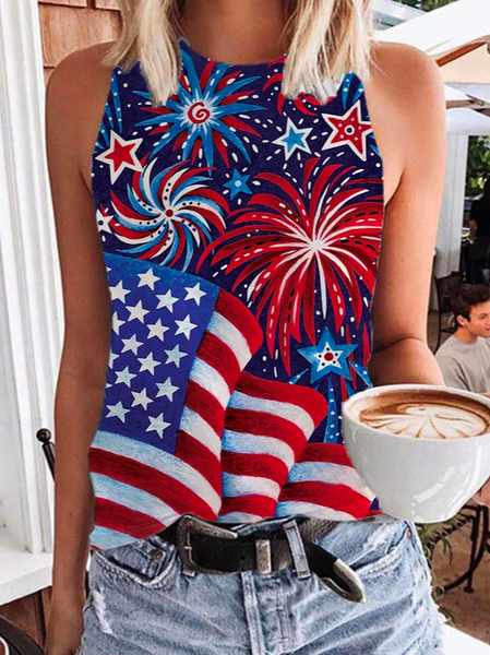 

Casual Crew Neck America Flag Loose Tank Top, Red, Tanks & Camis