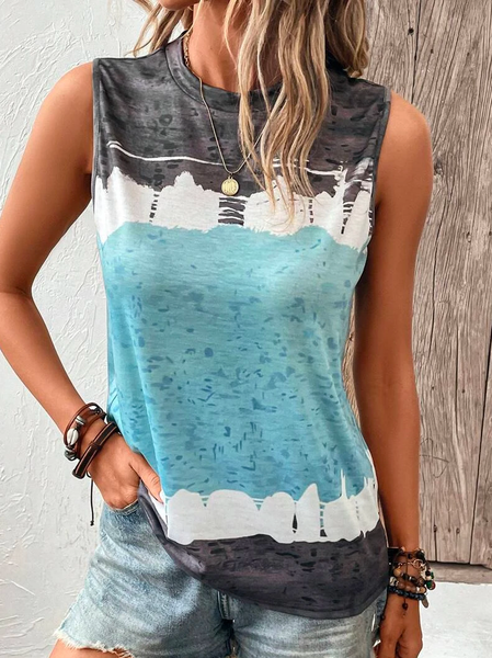 

Loose Crew Neck Tie-Dye Pattern Casual Tank Top, Blue, Tanks & Camis