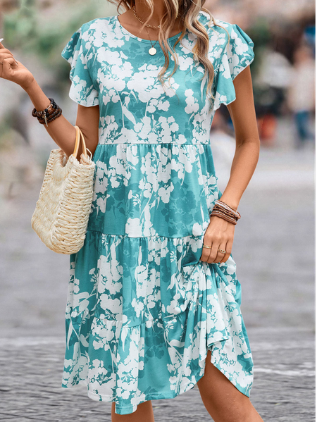 

Crew Neck Floral Loose Casual Ruffled Sleeves Dress, Blue, Casual Dresses