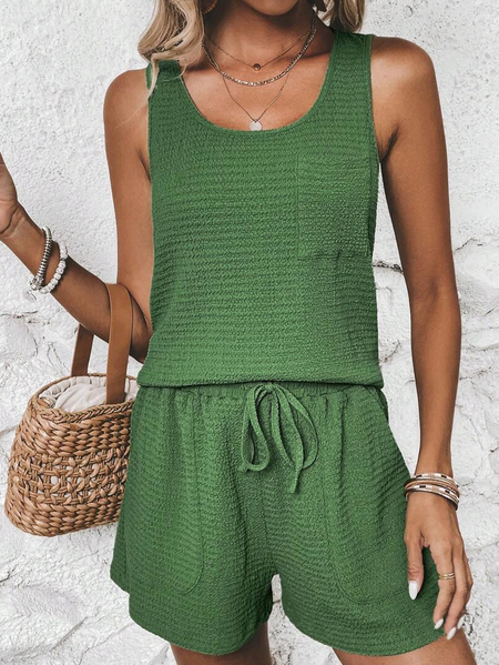 

V Neck Casual Plain Loose Two-Piece Set, Green, Suit Set