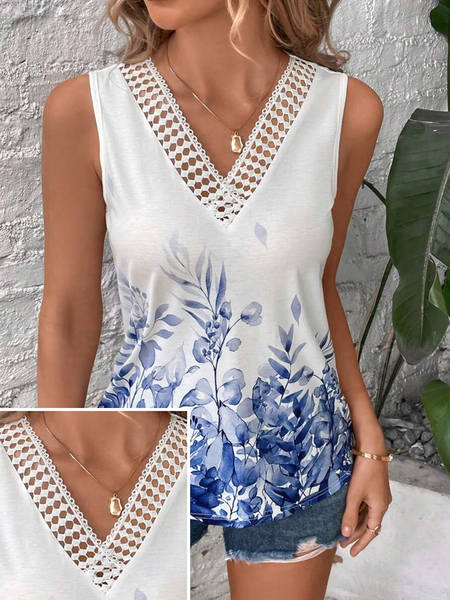 

V Neck Casual Floral Loose Tank Top, White, Tanks & Camis