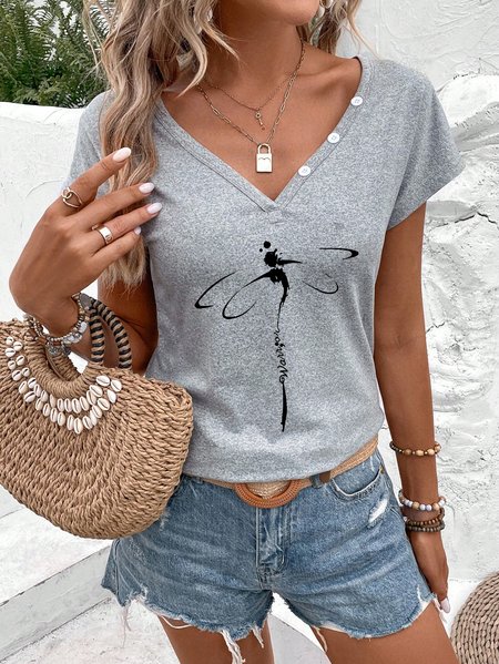 

Dragonfly Casual V Neck T-Shirt, Gray, T-Shirts