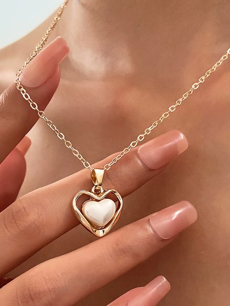 

Elegant Heart Shaped Pearl Pendant Necklace Urban Casual Women's Jewelry, Golden, Necklaces