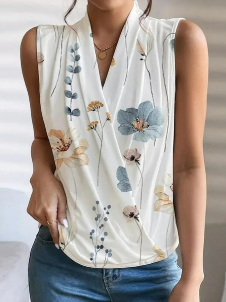 

Loose Casual Cross Neck Floral Tank Top, White, Tanks & Camis