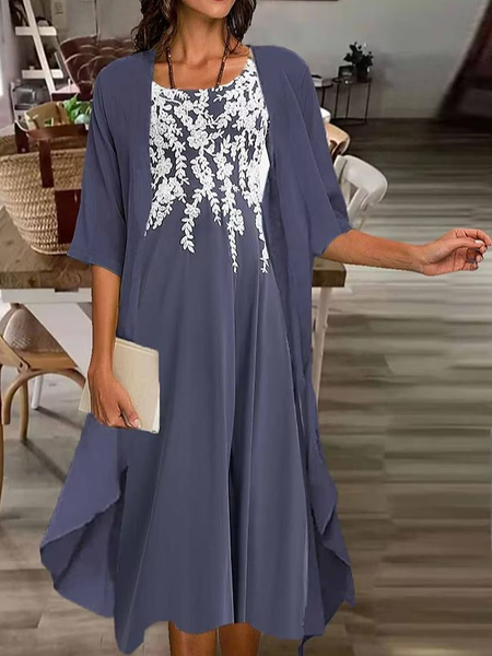 

Elegant Loose Crew Neck Plain Two-Piece Set, Navy blue, Suit Set