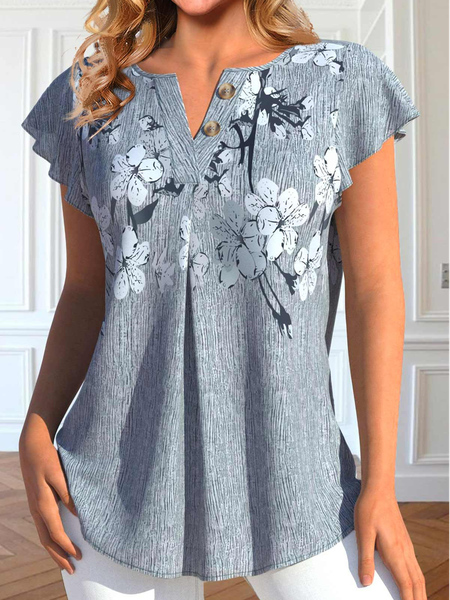 

Casual V Neck Floral Loose Shirt, Gray, Shirts & Blouses