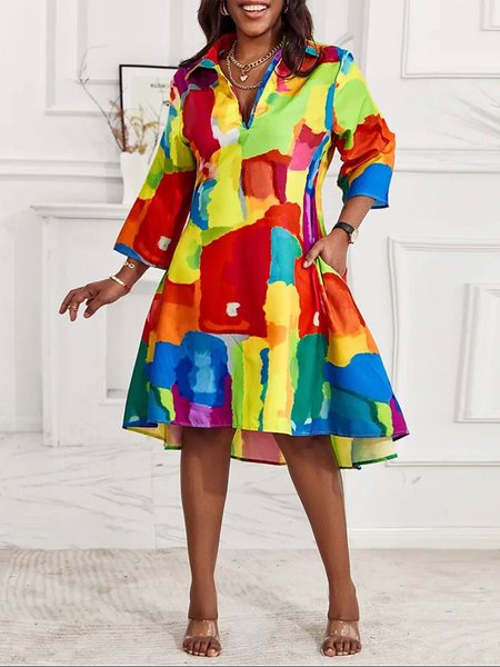 

Abstract Graphic Shirt Collar Urban Loose Dress, Multicolor, Midi Dresses