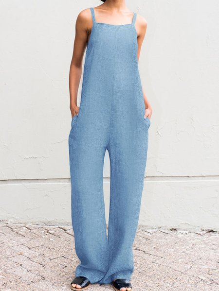

Square Neck Linen Pockets Plain Jumpsuit, Blue, Jumpsuits