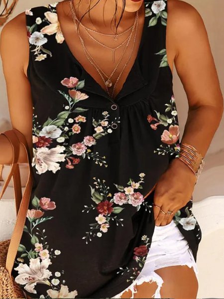 

Plus Size V Neck Floral Casual Tank Top, Black, Tanks & Camis