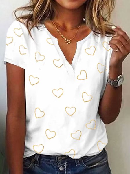 V Neck Vacation Heart Cordate Loose T Shirt