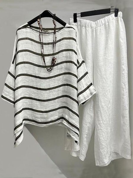 

Casual Striped Two-Piece Set, White, Suit Set