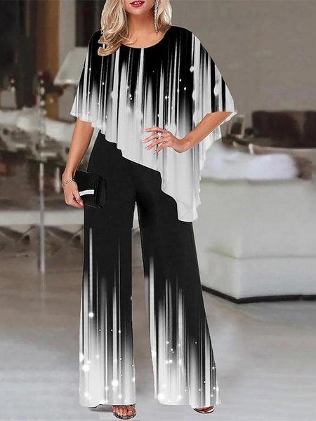 

Crew Neck Casual Loose Ombre Two-Piece Set, Black-white, Suit Set