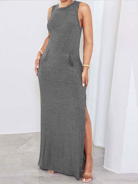 

Regular Fit High Elasticity Sleeveless Urban Plain Crew Neck Maxi Dress, Gray, Maxi Dresses